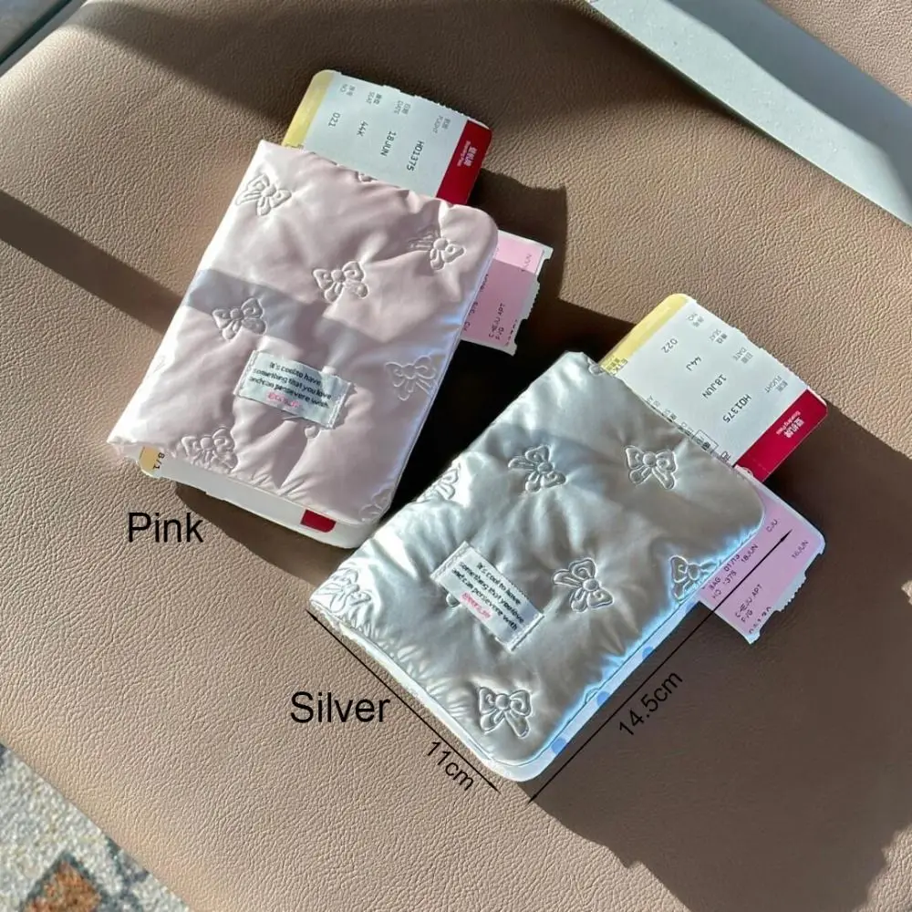 Korean Style Pink Silver Passport Cover for Women PU Multi-function Certificates Passport Bag Bowknot Anti Theft Card Holder