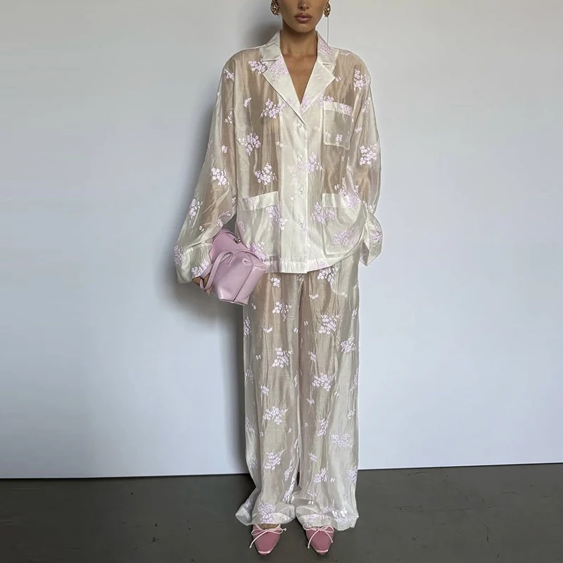 Vintage Print Single Breasted Long Sleeved Suit Casual Lapel Loose Home Sleepwear Outfit Sexy See Through Cardigan+Pants 2pc Set