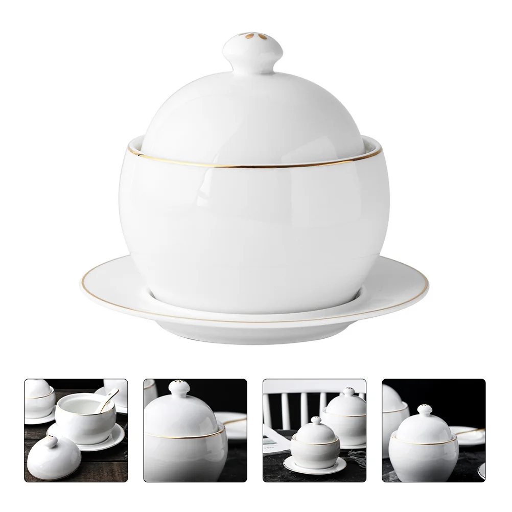 

1Set Ceramic Stew Pot Premium Soup Bowl Lid Protected Practical Kitchen Supplies Steaming Food Container Ceramic