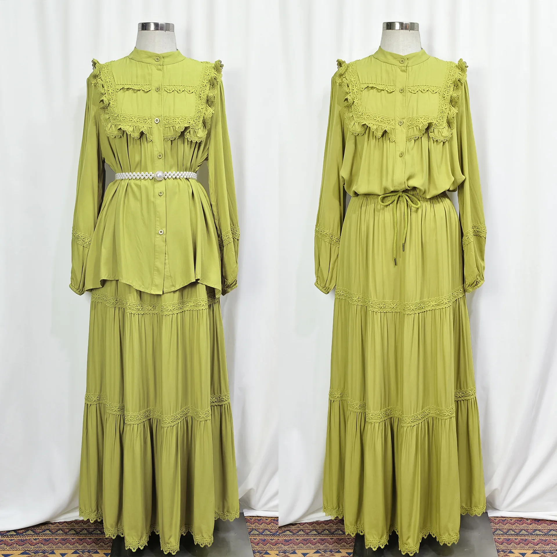 

2PCS Muslim Women Lace Hollow Out Tops and Skirt Two Piece Suit Dress Dubai Abaya Arabic Outfits Femme Ensembles Islam Clothing