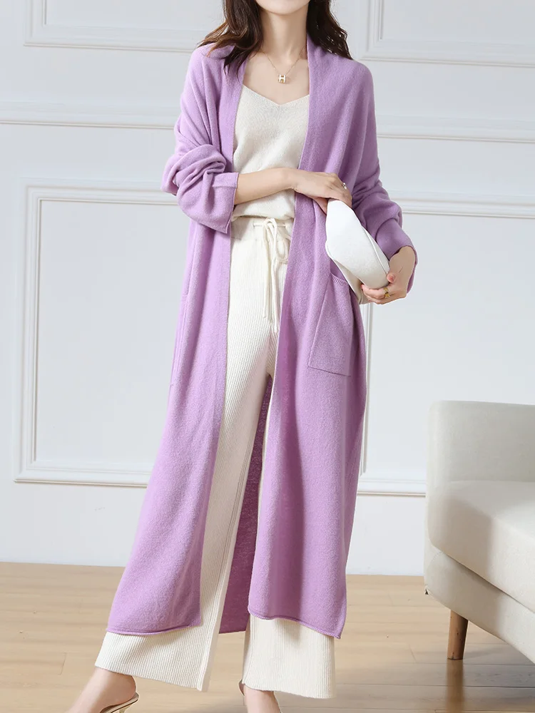 

Spring Fall 100% Merino Wool Cardigan For Women Soft Solid Cashmere Knitwear Long Coat Female Korean Popular Sweater Grace Tops