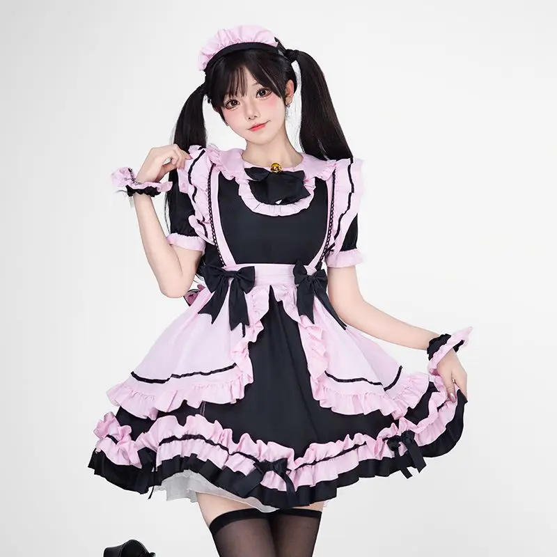 Meid Cosplay Kostuum Vrouwen Zwart Roze Meisje Lolita Jurk Schattige Kat Bell Uniform Cosplay Anime Disfraz 5-delige Set