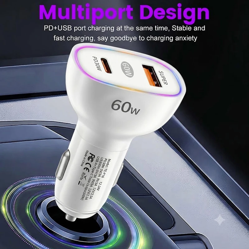 60W Fast Car Charger Adapter Dual Port PD 30W Type C USB A with LED Light Works with 12-24V Cigarette Lighter Socket For Samsung