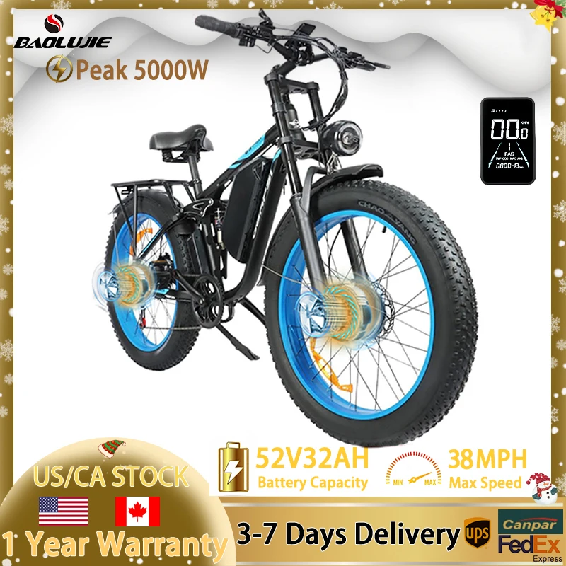 

Электровелосипед BAOLUJIE, пиковая мощность 5000 Вт, два двигателя, максимальная скорость 38 миль/ч, цветной ЖК-дисплей, съемная батарея 52В 32Ач