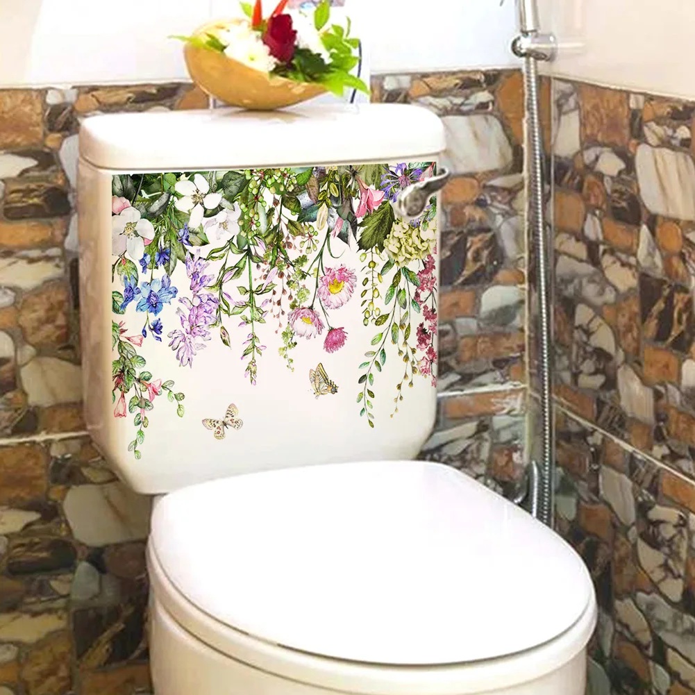 Plants Flowers Butterflies Wall Sticker Toilet Decor Decals Room Cabinet Home Decoration Bathroom Beautify Self-adhesive Mural