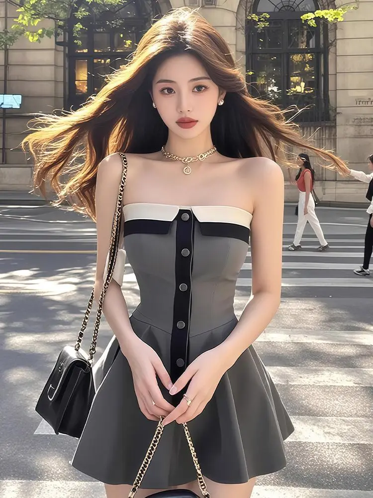 Damenkleid 2025, schulterfreies Kleid im neuen Design – Sommerliches, sexy Y2K-Mode-Taillen-Kleid in A-Linie