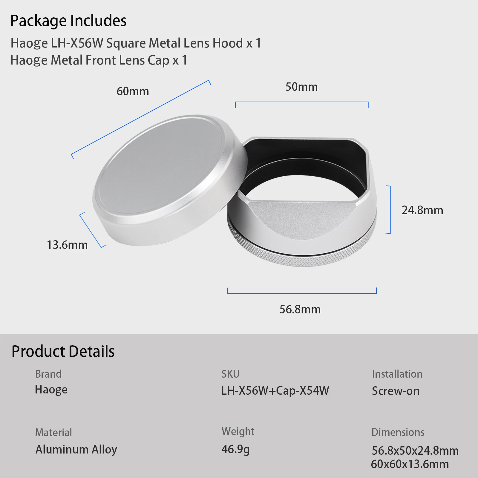 Kwadrat Haoge do Fujifilm X100VI Fuji X100V X100F X100T X100T X100S X100 X70 aparat fotograficzny srebrny z 49mm Adapter do filtra UV
