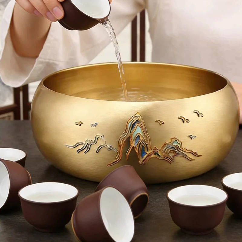 Hand-Painted Cloisonne Brass Tea Rinse Bowl, 20cm Water Vessel for New Chinese Tea Set, Decorative Tea Table Centerpiece & Gift