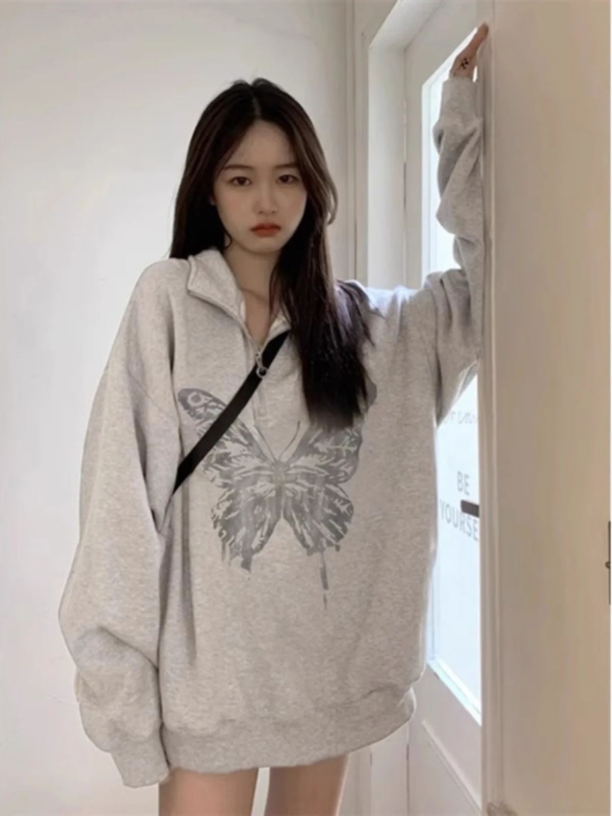 

ey Zipper Ne Sweatirt Women's plus Size Loose Top Comfortable Korean Sle Long Sve Casual Wear for Young Women