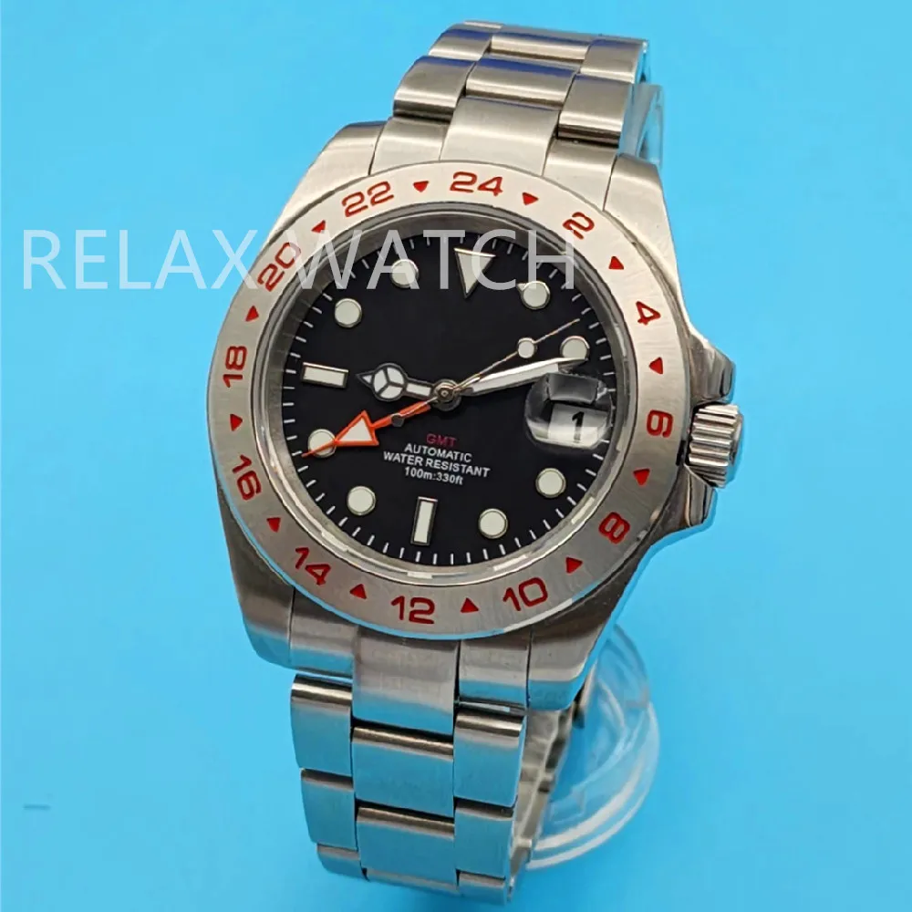 40MM 2-24 Red Font Explorer Style Dual Time Zone Display MENS WATCH NH34 GMT Automatic Movement Greenwich Mean Time