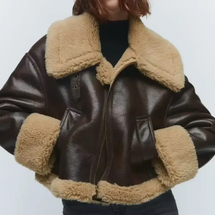 Chaqueta gruesa de cuero de lana de cordero para mujer, Chaqueta de traje cálida, ropa de trabajo de negocios femenina, abrigo de calle diario marrón, Invierno