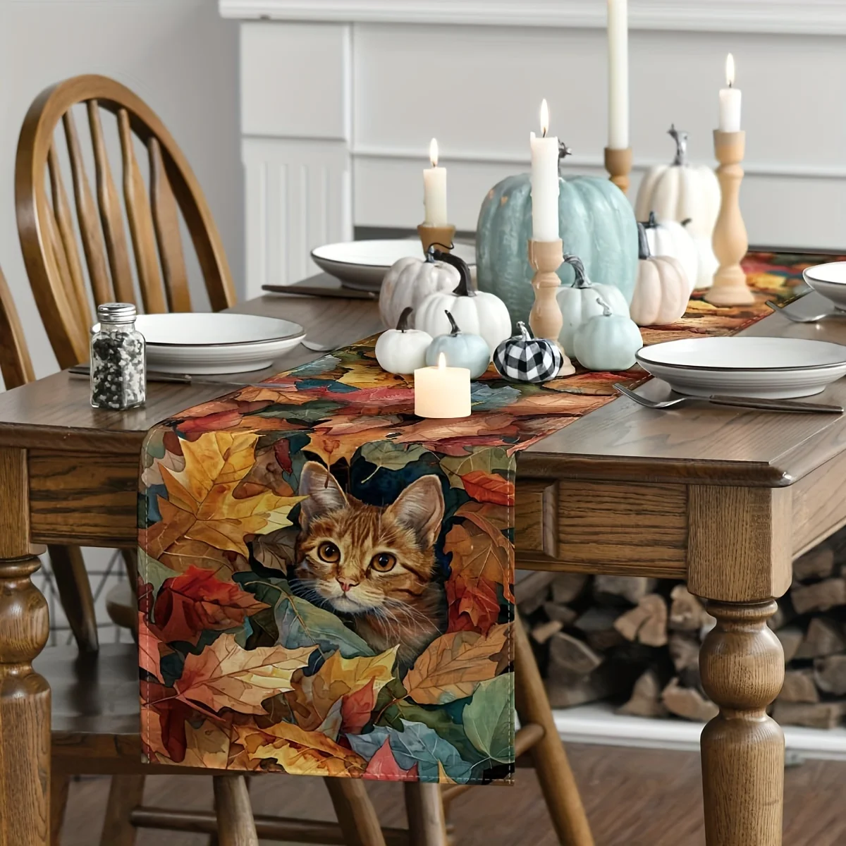 1pc Cozy Fall Table Runner - Adorable Cat Pattern with Autumn Leaves and Flowers, for Thanksgiving Dinner Party