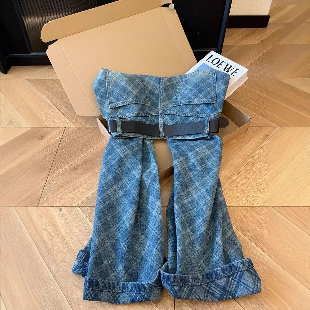 Y2K Plaid Denim Jeans Fold Over High Waist Blue Washed Flare Pants Ruffled Hem Wide Leg Retro Street Style Women's Denim Pants