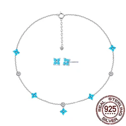 QooLady Silver 925 Lovely Blue Turquoise Four Leaf Flower Necklace Earrings Sets for Women CZ Valentine's Day Jewelry Gift ST020