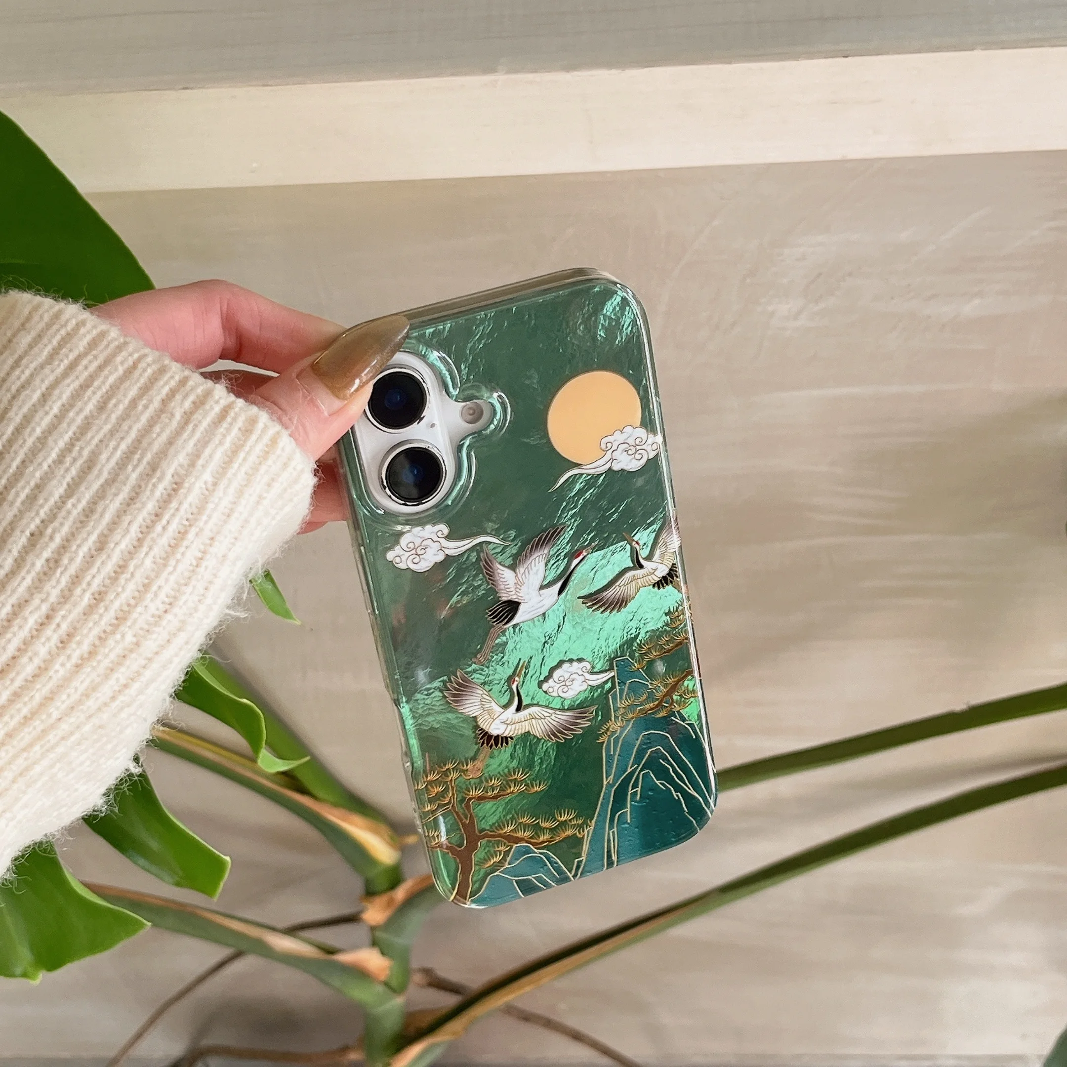 Auspicious INS Green Mountain Chinese Style Crane Tassel Dangle Phone Case for iPhone 17 16 15 14 13 Pro Max Back Phone Cover