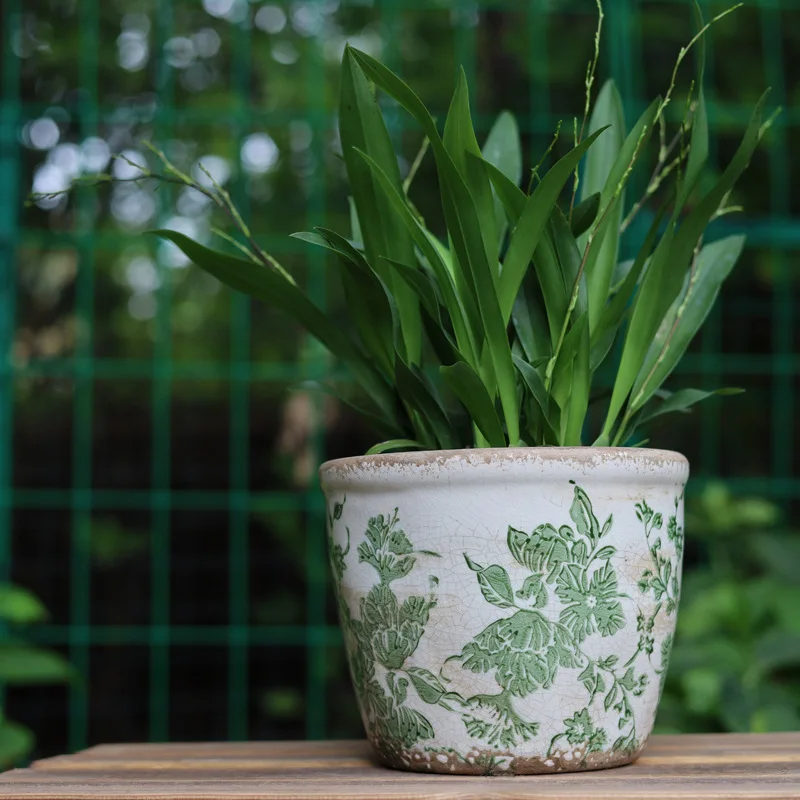 Vintage Ceramic Flower Vase, Green Plant Porcelain, Succulent Flowerpot, Ice Crack, Vintage Style