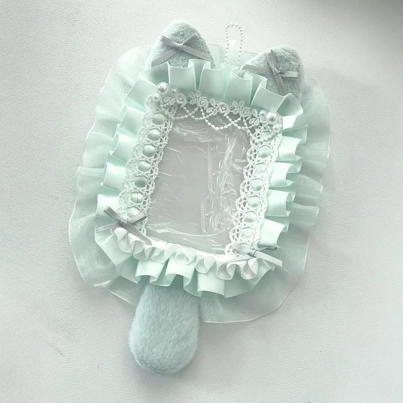 Handmade Mint Green Cat Ear Photocard Photo Frame, Ruffle Lace Trim, 3-inch Clear PVC Pocket, Hanging Chain, Decorative Frame for KPOP Idol Anime Polaroid Cards, Fan Collectible Supply