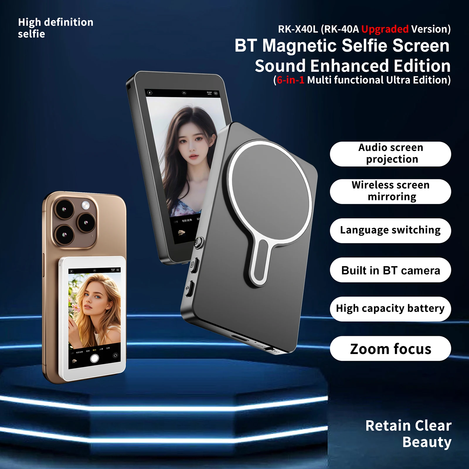 RK-X40L Selfie Monitor Screen Wireless Magnetic Phone Rear Camera Monitors WiFi Real-Time Monitoring Screens For iOS Android