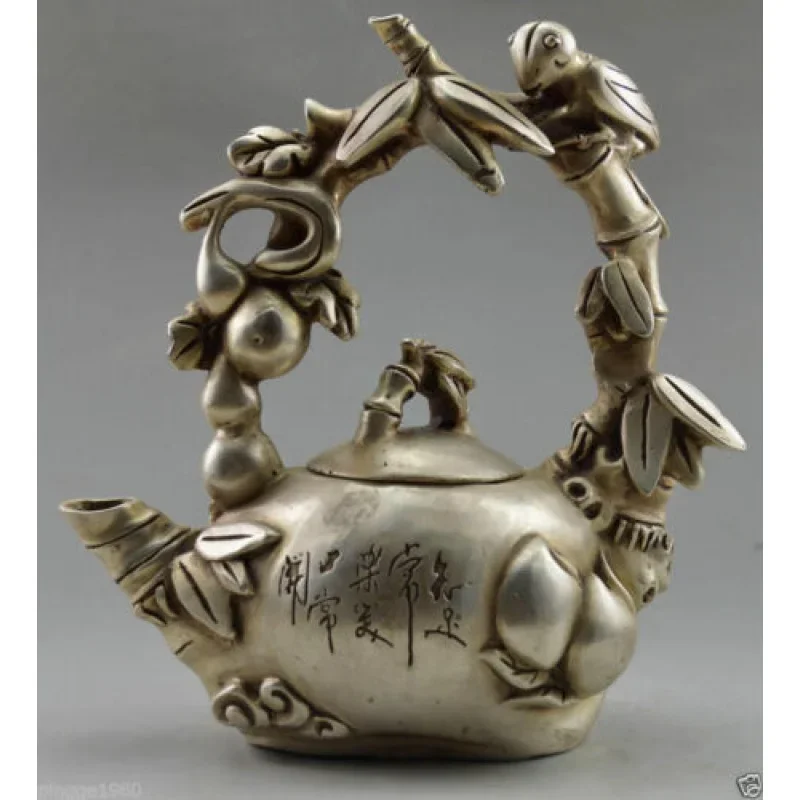 

Collectibles Decoration Tibetan Silver Carved Gourd Flower Bird Teapot Statue