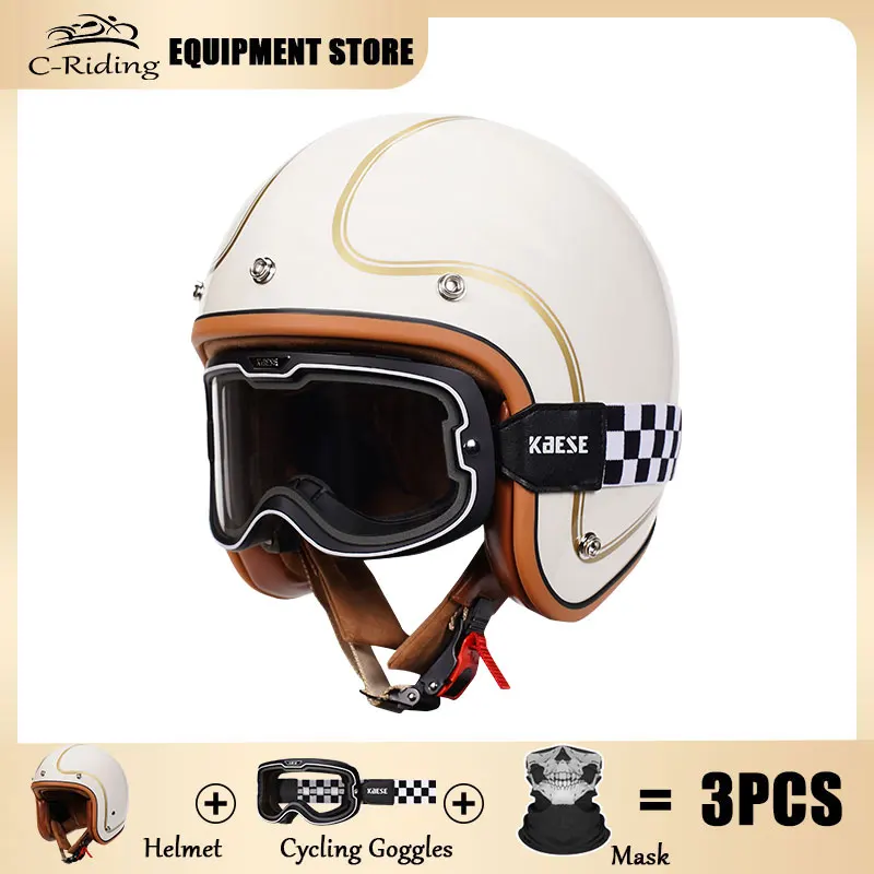 

Retro Open Face Helmet 3/4 Motorcycle Helmets with Goggles Men German Style Jet Helmet Four Seasons Free Shipping DOT Approved