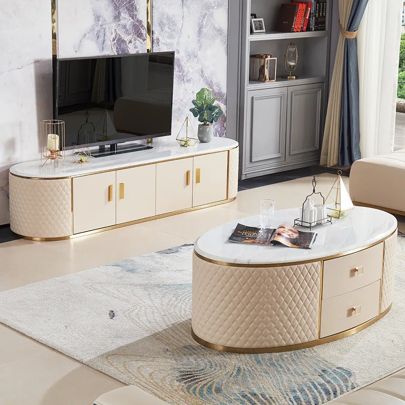 Modern Luxury White Leather Oval Coffee Table and Tv Stand Cabinet with Marble Top for Lining Room Furniture