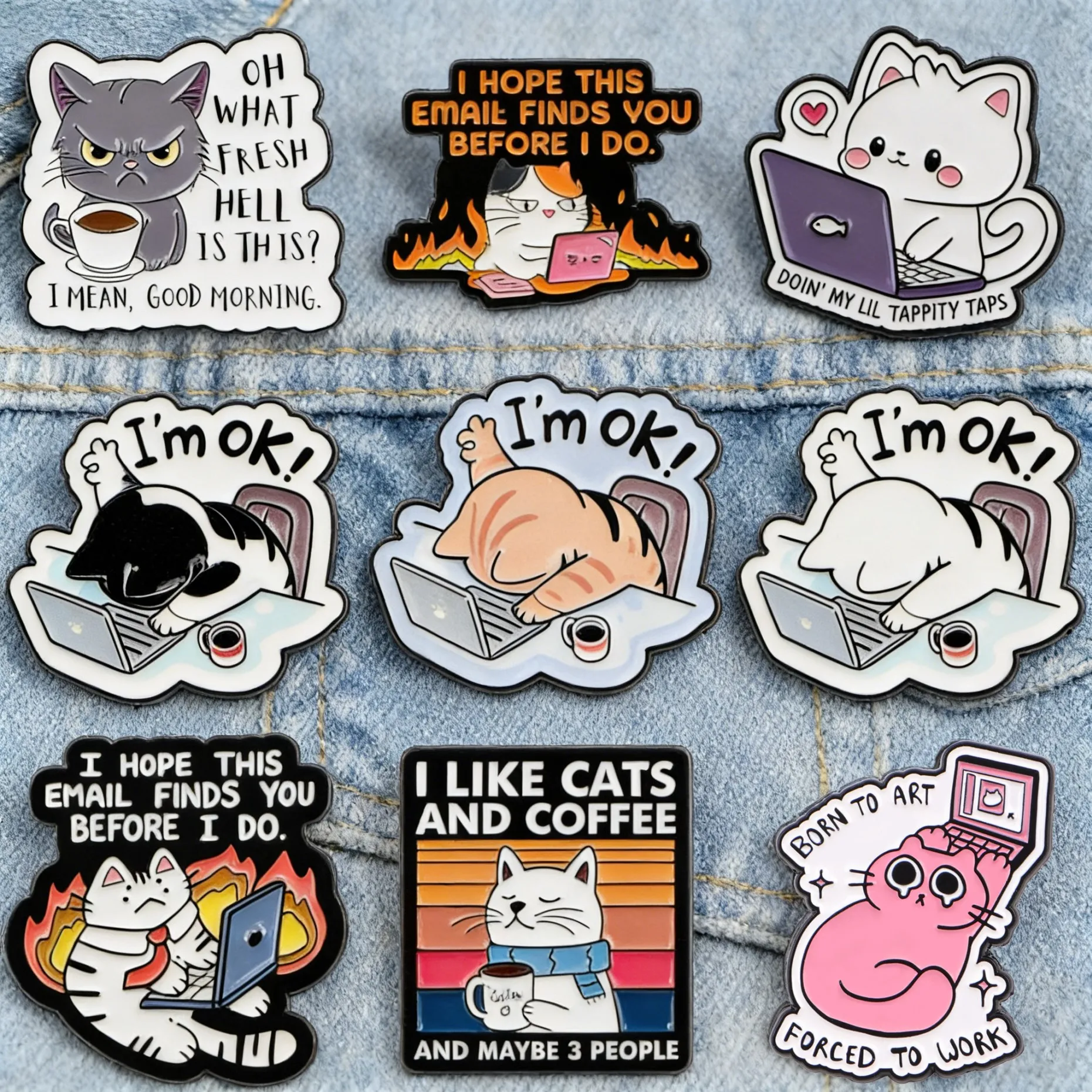 Funny Work Cat Enamel Pins Sarcastic Coffee Quotes Brooches for Backpacks Office Lapel Pins Gift for Coworkers & Cat Lovers