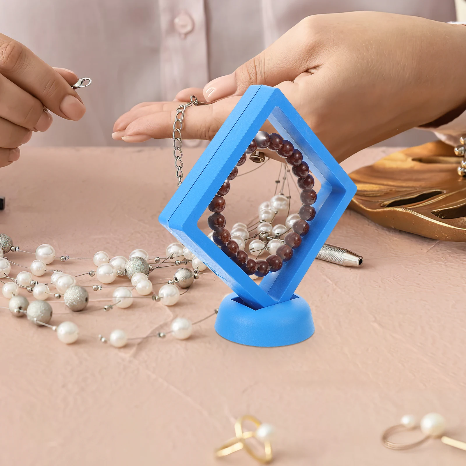 

10 Sets 9x9cm Transparent Jewelry Display Boxes Blue Medal Floating Cases Bracelet Gift Packaging Necklace Storage Solution