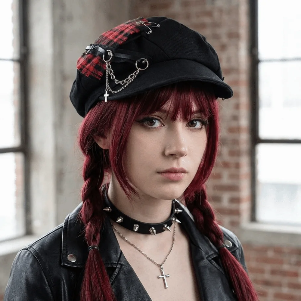 Cool Rabbit Ears Plaid Beret Hat Irregular Y2K Octagonal Hat Thin Brim Punk Newsboy Peaked Hat Women