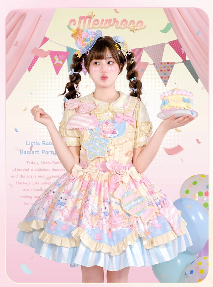 

Lolita Dresses Cute Daily Sweet Girl Prom Party Cartoon Print Ball Gown Dress for Women Kawaii Bow Patchwork Slim Mini Dress
