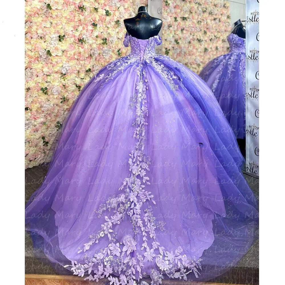 Vestidos de quinceañera morados personalizados con hombros descubiertos, apliques de encaje con cuentas para niña, dulce fiesta de cumpleaños, vestidos de graduación, 15