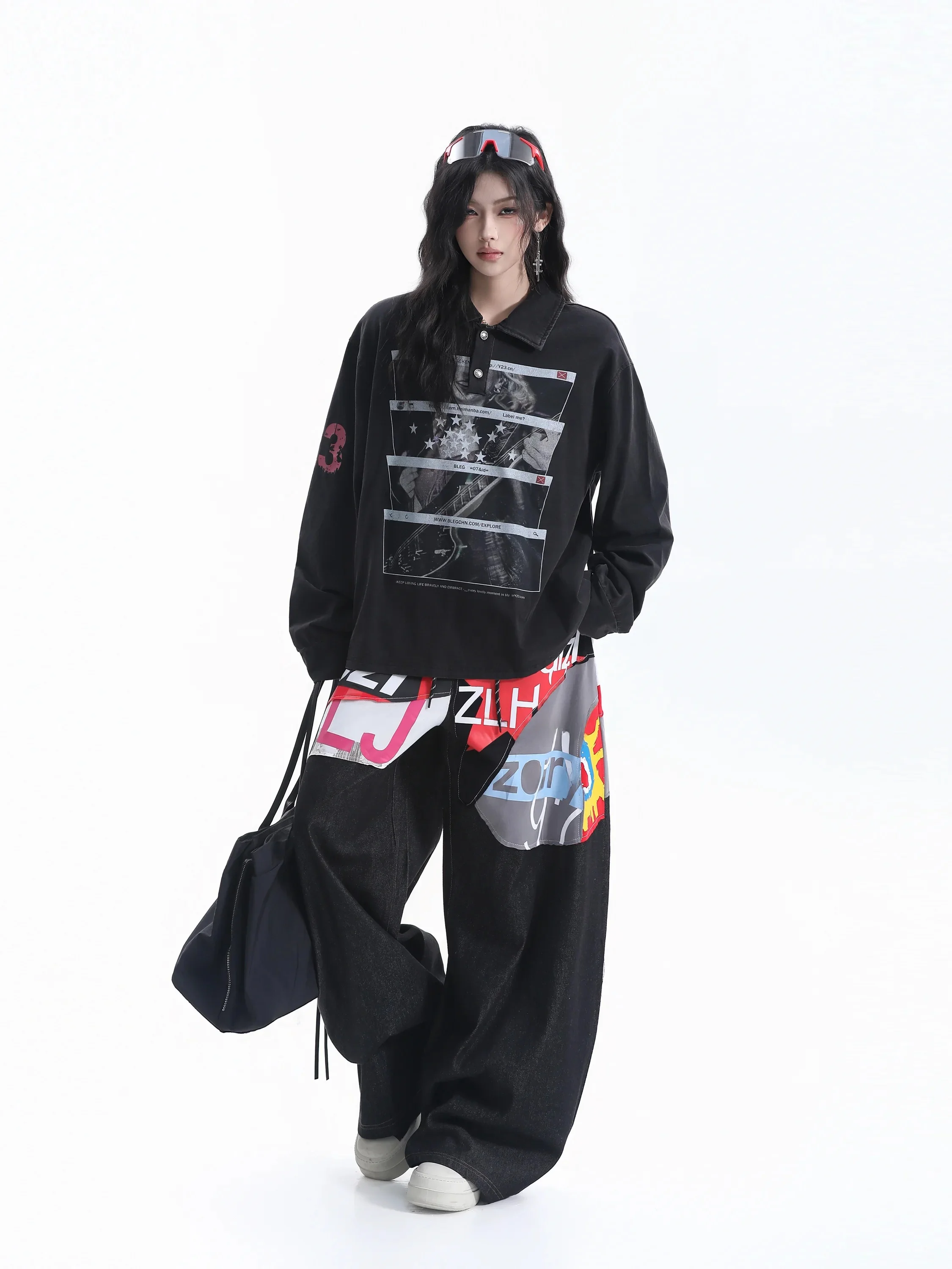 Cool Oversize Long Sleeve  Shirt for Women Street Style Band Print Couple Tshirt Cotton Loose Fit Shoulder Print Casual Wear