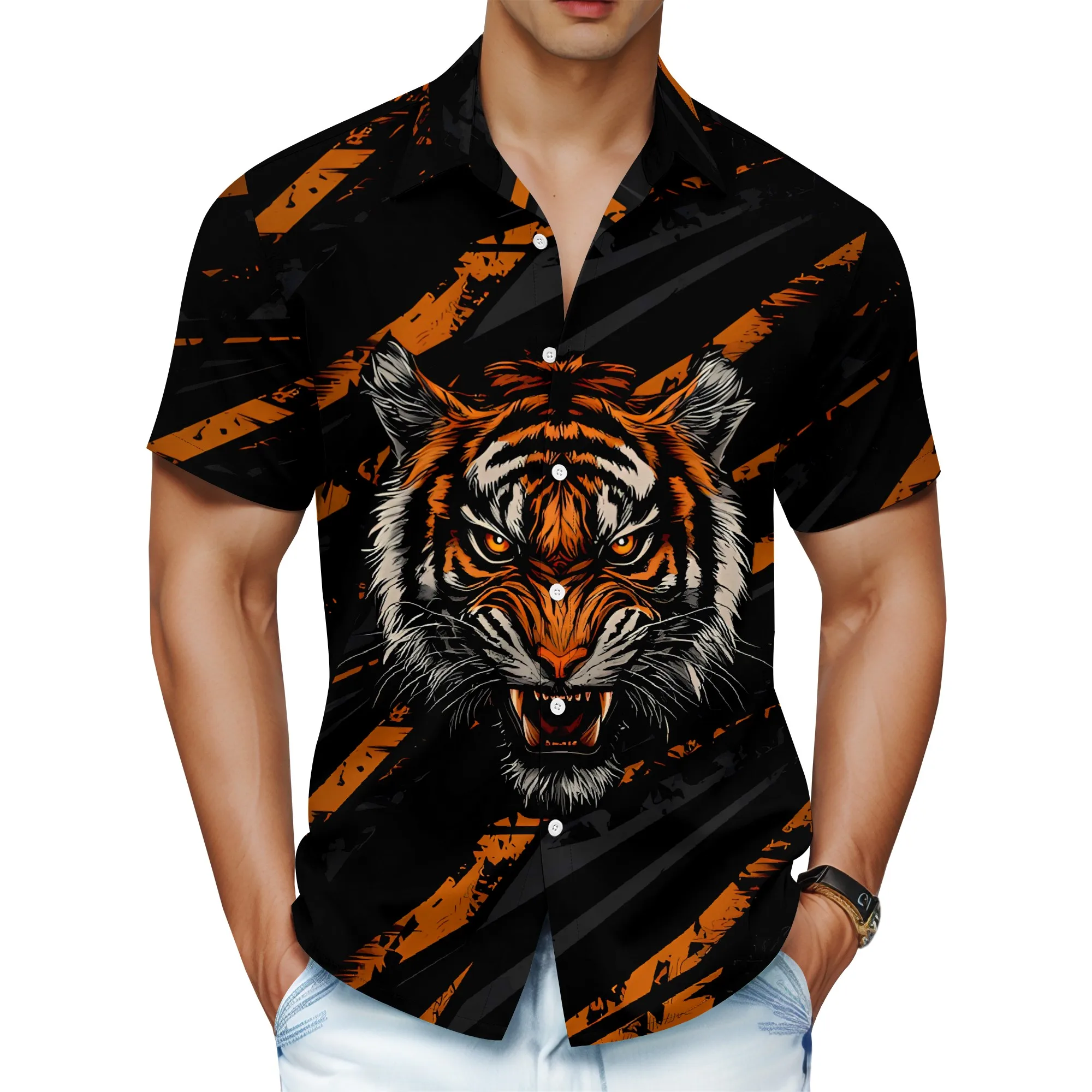 YEAE Men's Tiger Head Print Shirt Short Sleeve Regular Size