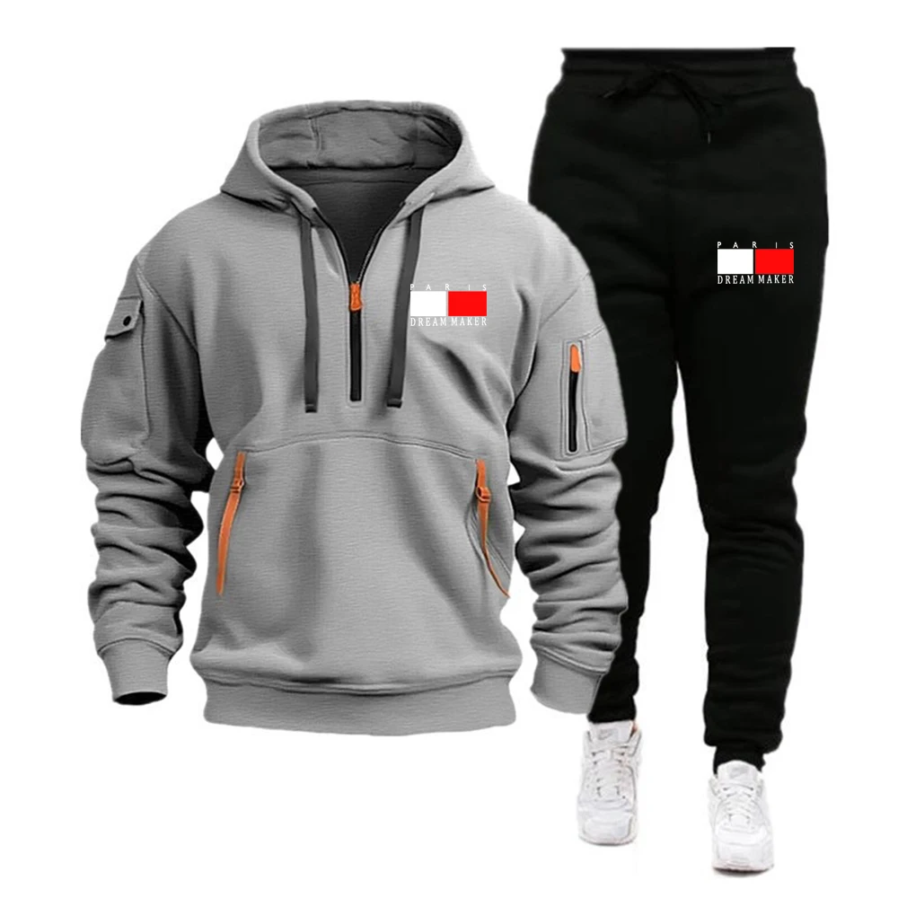 Men\'s Tracksuit Hooded Sweatshirt+Sweatpants 2 Pcs Sets Sports Suit Casual Jogger Sportswear 2 Piece Male Fleece Streetwear Sets