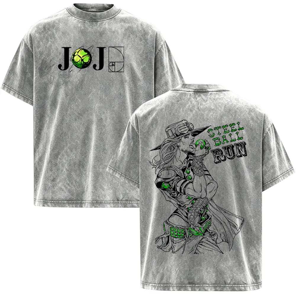 Anime Jojo Bizarre Adventure Gyro Zeppeli Steel Ball Run Vintage Washed T Shirt Men Women Clothing Casual Short Sleeves T-shirts
