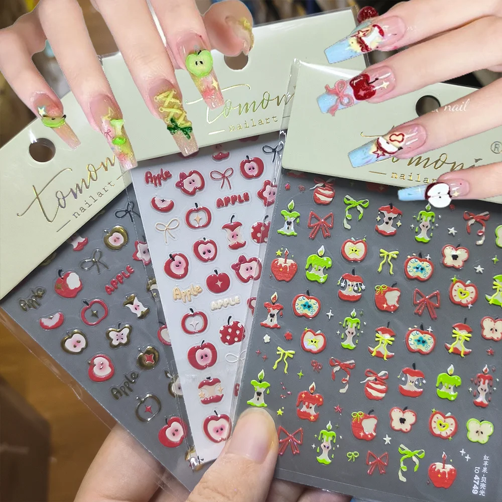 1 Stücke 5D Weihnachten Apfel Kerze Bogen Nail art Aufkleber Rot & Grün Äpfel Kern/Scheibe Nagel Aufkleber Selbstklebende Früchte Maniküre Aufkleber