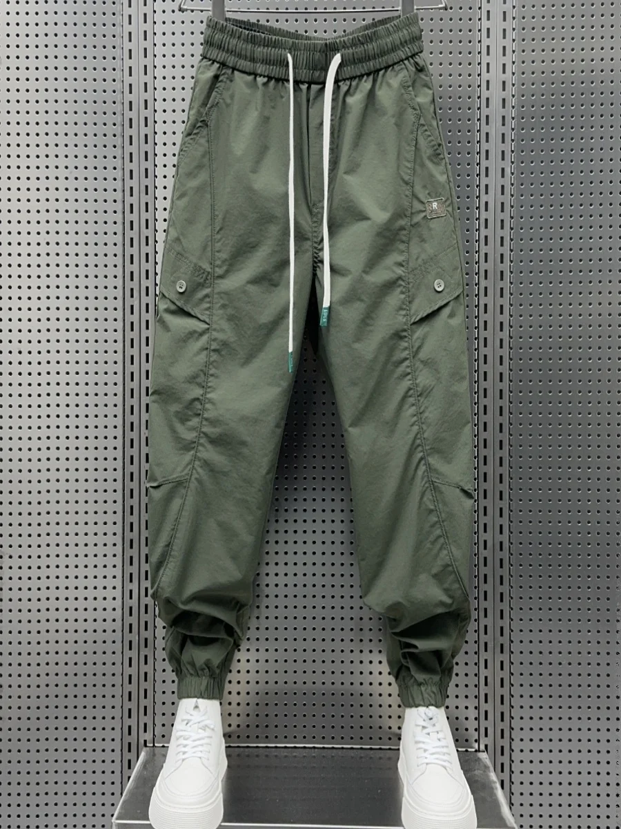 Spring Summer 2024 Men's Casual Harlan Pants Elastic Waist Baggy Fit Nine Points Pure Color Versatile Casual Trousers