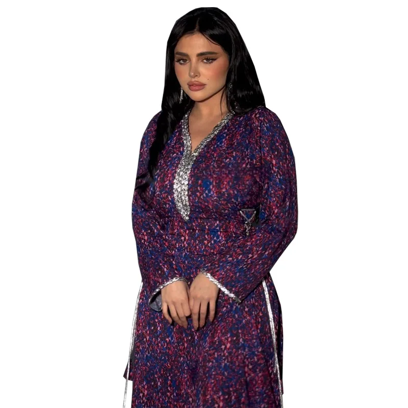 Arabic Fashion Printed Dress for Women Turkish Dubai Abayas Glittering Robe with Diamonds Muslim Dress Eid Al-Adha Home Clothes