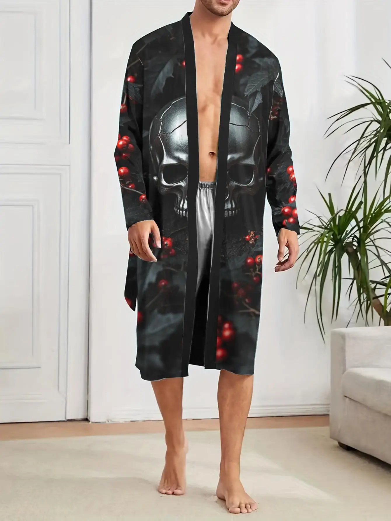 1pc Men'S Robes 2026 Spring/Summer Robes Dressing Gown Long Nightgown Sleepwear Polyester Bathrobe Men 3D Printed Graphic