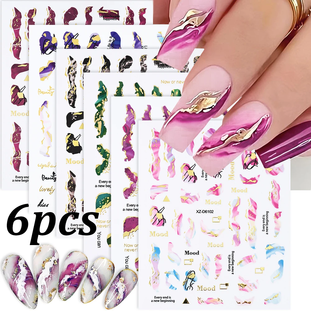 

12/6pcs Marble Abstract Stripe Nail Art Sticker Gilding Wave Line Blooming Ink Design Manicure Decals 3D Marble Gradient Sticker