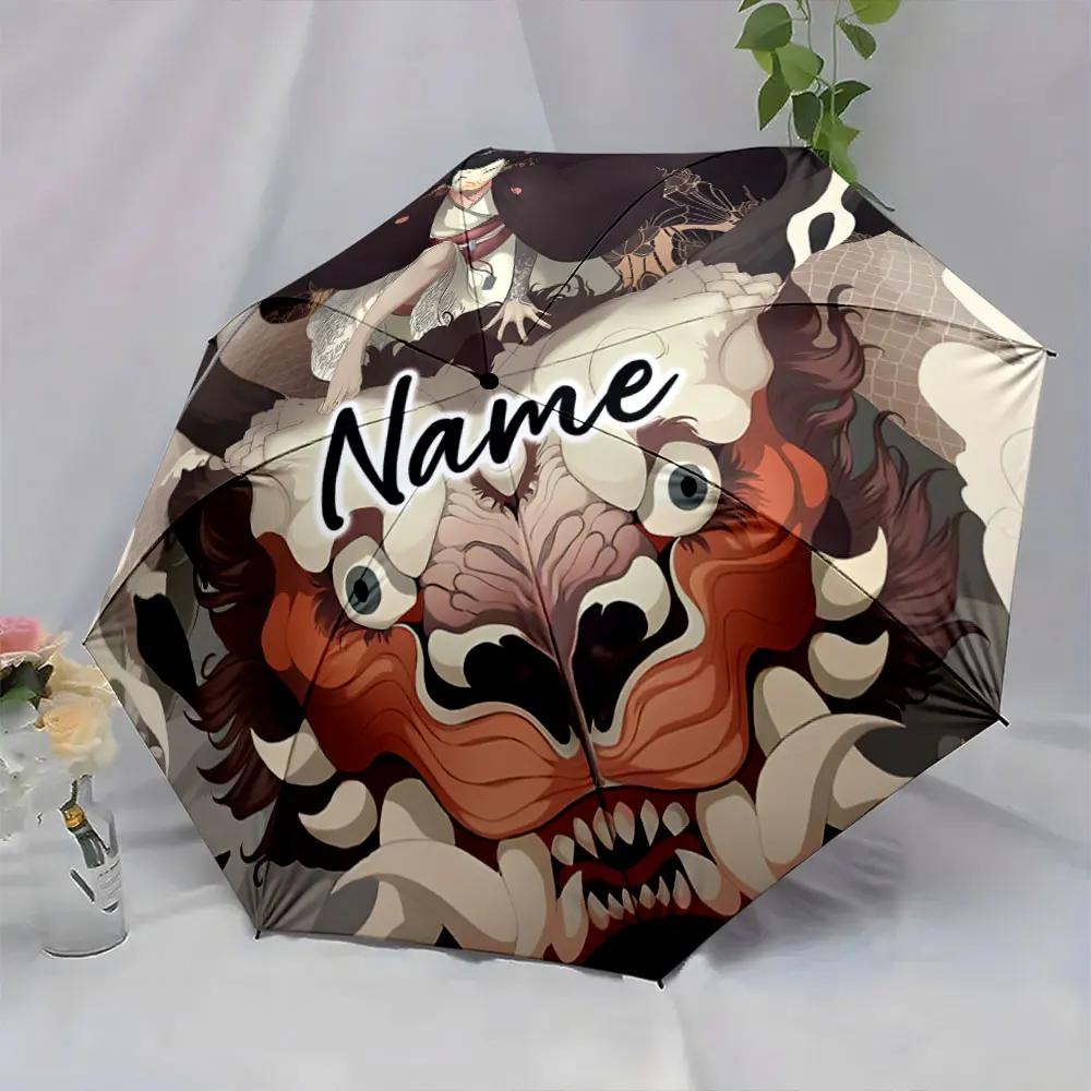 Custom Name  Artistic Umbrella with Japanese Mythological Design Print 8 Iron Ribs Folding Umbrella Auto-Open Fashion Sunshade