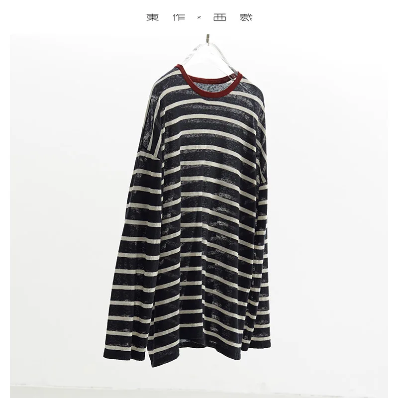 

Classic Stripes Are Timeless! Linen Blend Pullover Long-Sleeved T-Shirt for Women, Contrasting Color Casual Top, 2025 Women's Autumn New Cotton and Linen