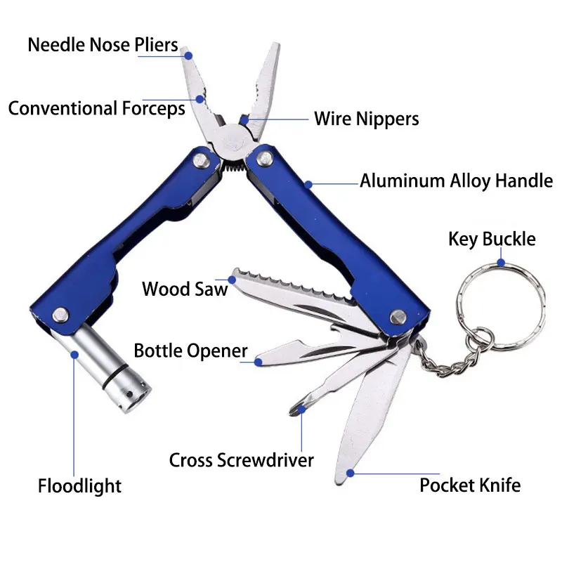 3CR13 Stainless Steel Multi Pliers 9 In 1 Functions Aluminum Alloy Multitool Mini Outdoor Camping Gear LED Plier