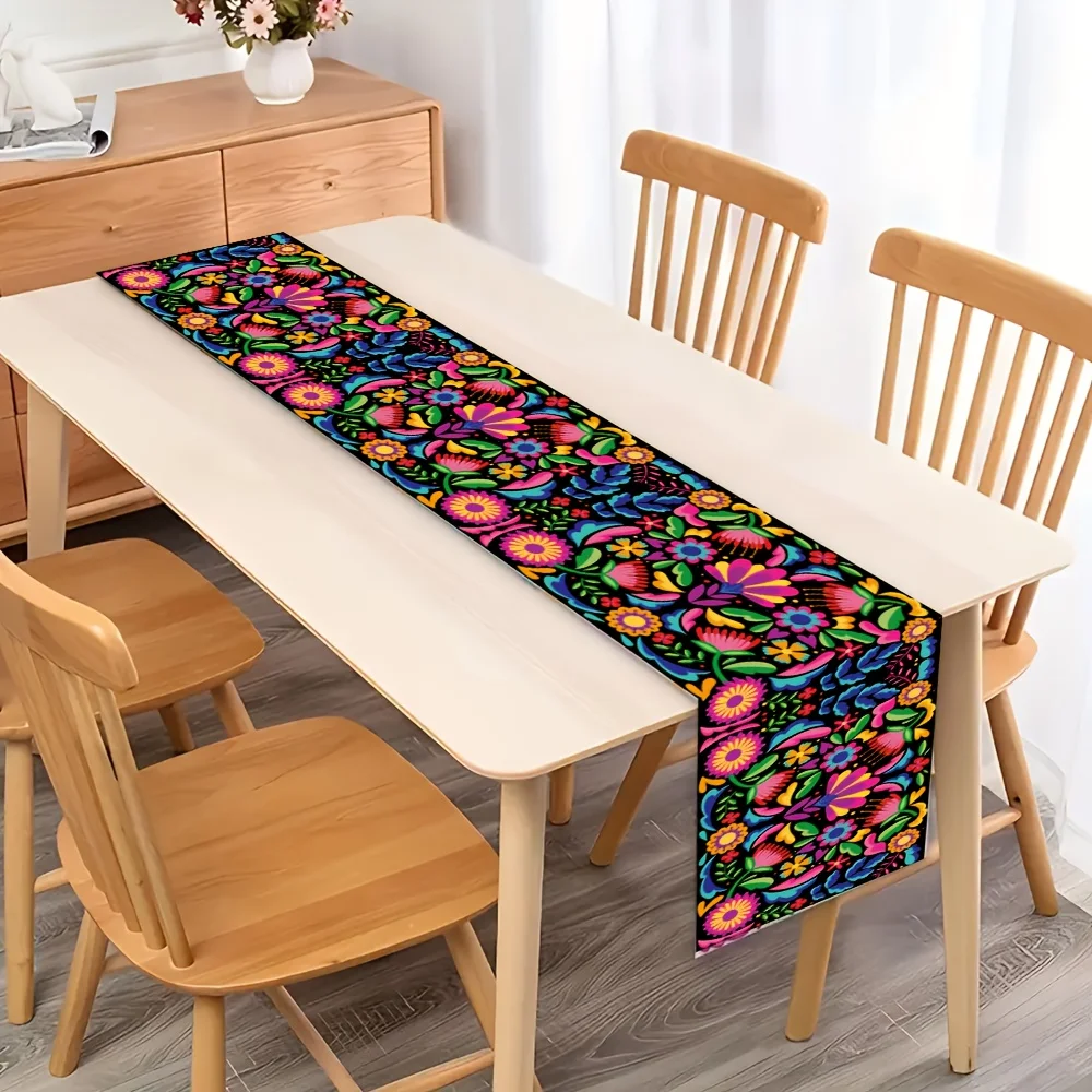Mexican Floral Table Runner - Traditional Otomi Embroidery Style Vibrant Botanical Cover for Fiesta Party Decor