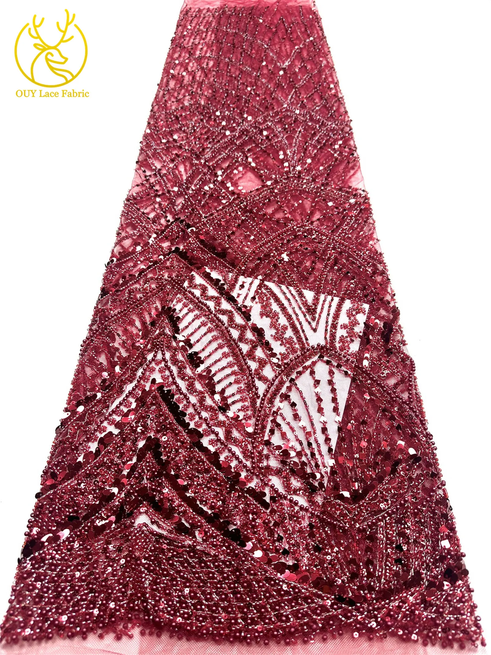 Roter afrikanischer Perlen-Spitzenstoff 2026, hochwertiger französischer nigerianischer Pailletten-Spitzenstoff für Damen, Hochzeit, Party, Kleid, Nähen – Detail 23