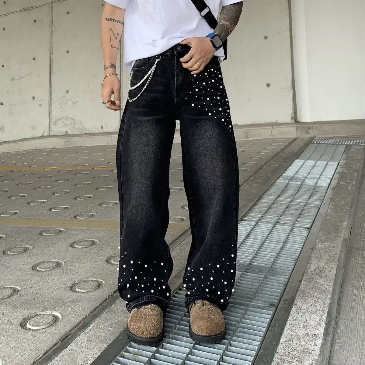Men's Fashion Decoration Jeans Casual Pants Cool Boy Summer Bottom Wide Legs Sweatpants Male High Waist Unisex Baggy Trousers