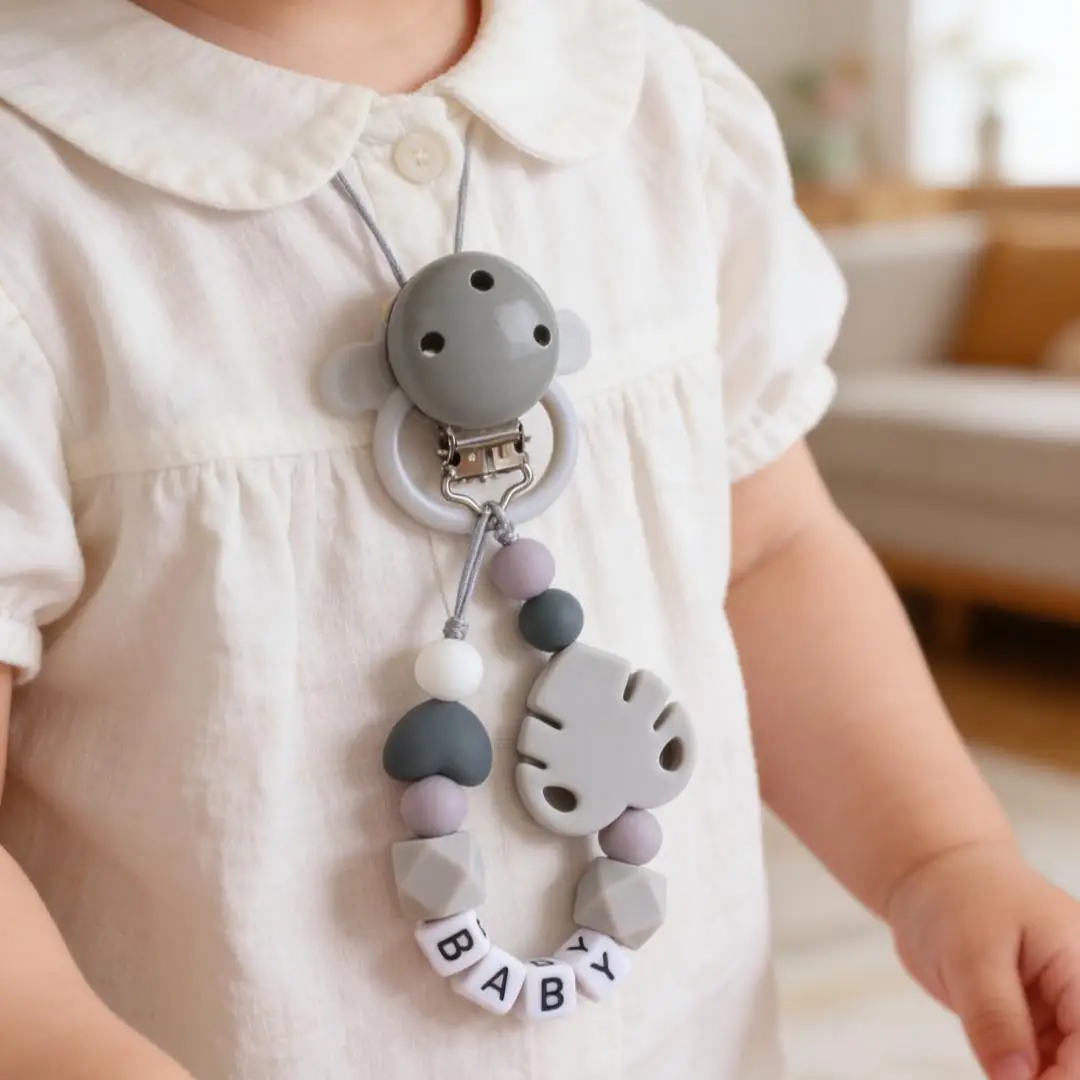 Custom Name Personalise Baby Boy Girl Pacifier Clips Holder Chain Chew Silicone Leaf Infant Newborn Teether Teething Gift