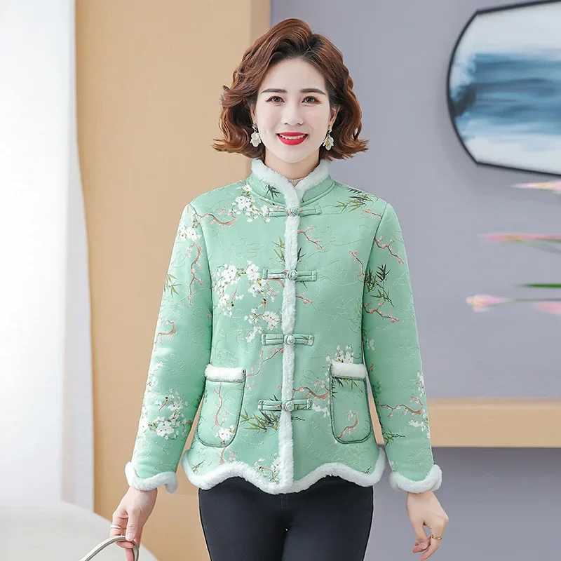 

Plus Size Women's Cotton Jacket Winter Coat Floral Design Fleece Lined Elderly Friendly Grandmother Style Long Sleeve