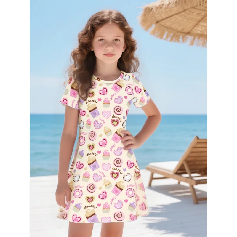 

Cartoon Print 2025 Short Sleeve Fashion Casual Crew Neck Dress