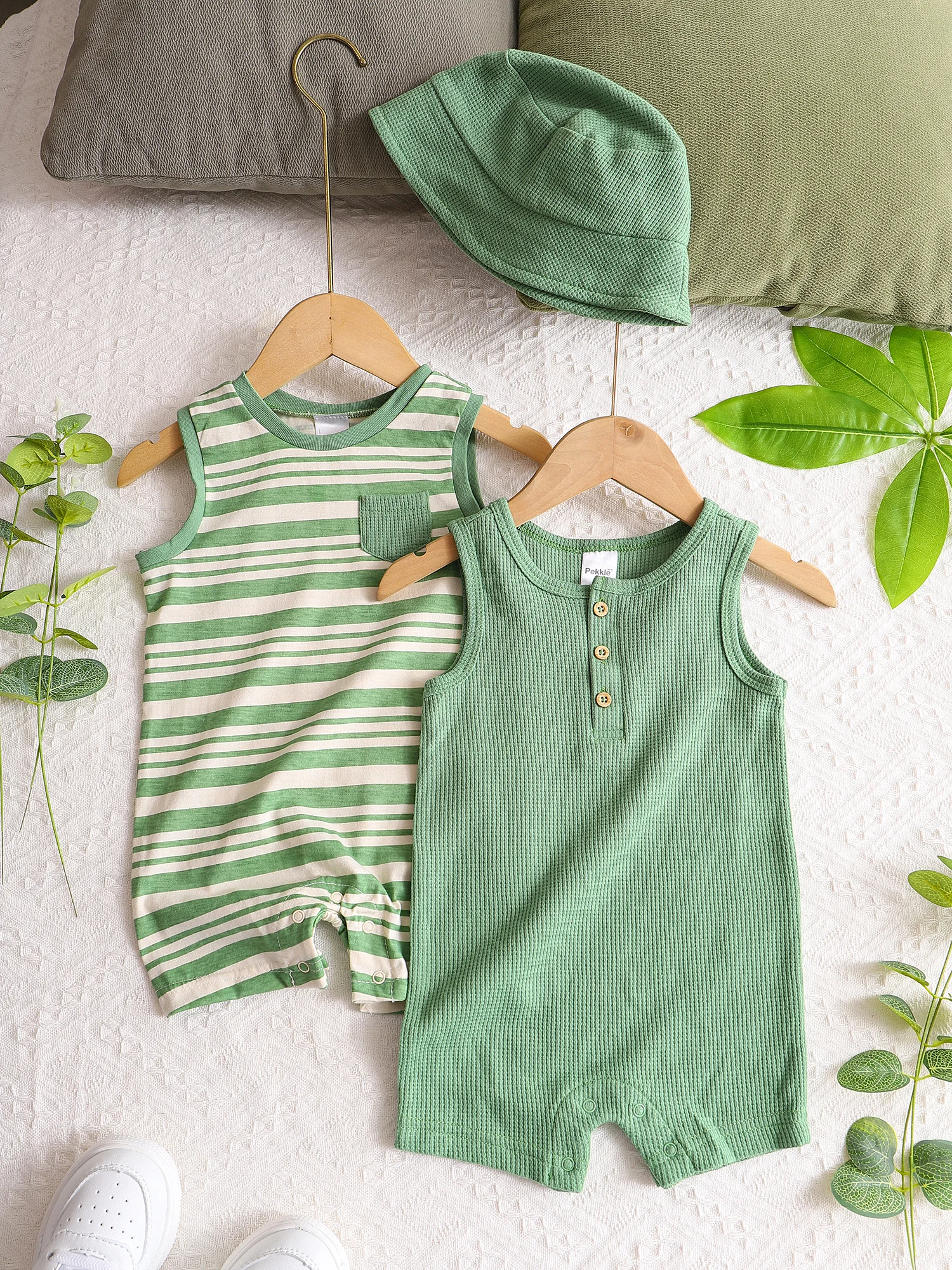 Babykleidung für Jungen, Baby-Strampler + Mütze, 3-teilig, Sommer-Kurzarm-Overall, Neugeborenenkleidung aus Baumwolle, 0-18 Monate – Detail 2