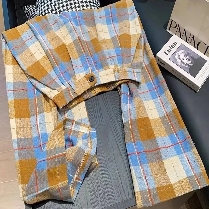 

Американские винтажные осенние клетчатые широкие брюки женские повседневные свободные брюки с высокой талией в стиле ретро высокого качества прямые брюки с карманами женские